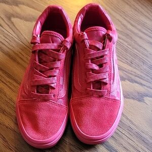 Red Checkered Vans with Suede and Checkered Laces - Men Size 5, Women Size 6.5